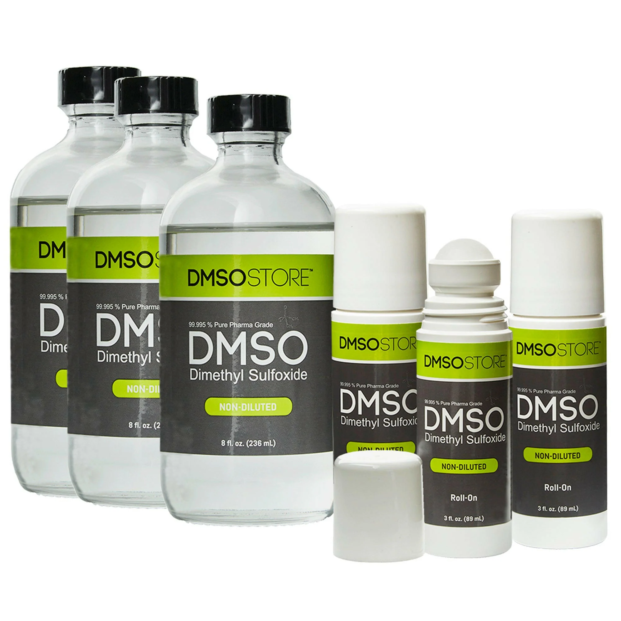 DMSO Liquid 3 Glass Bottles 8 oz. Each & 3 Roll-on 3 oz. Each Non-diluted 99.995% Premium Bundle